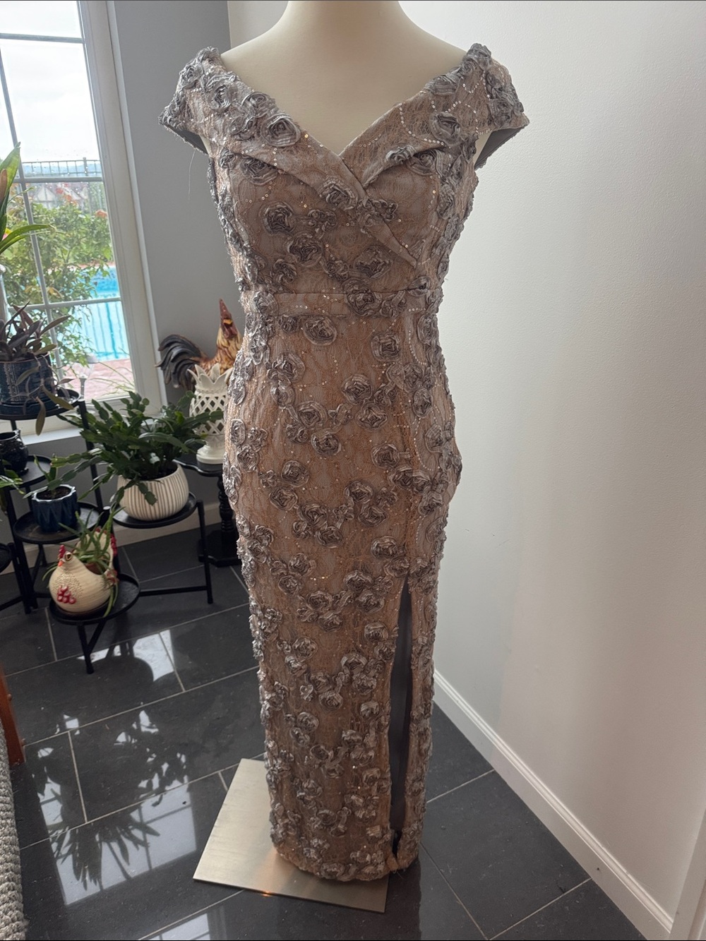Xscape Nude-Beige Beaded Floral Maxi Dress with Front Slit